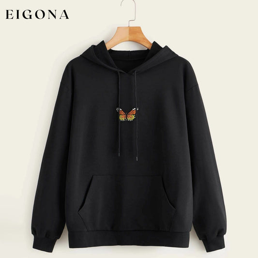 Butterfly Graphic Drawstring Hoodie Black __stock:500 clothes refund_fee:1200 tops