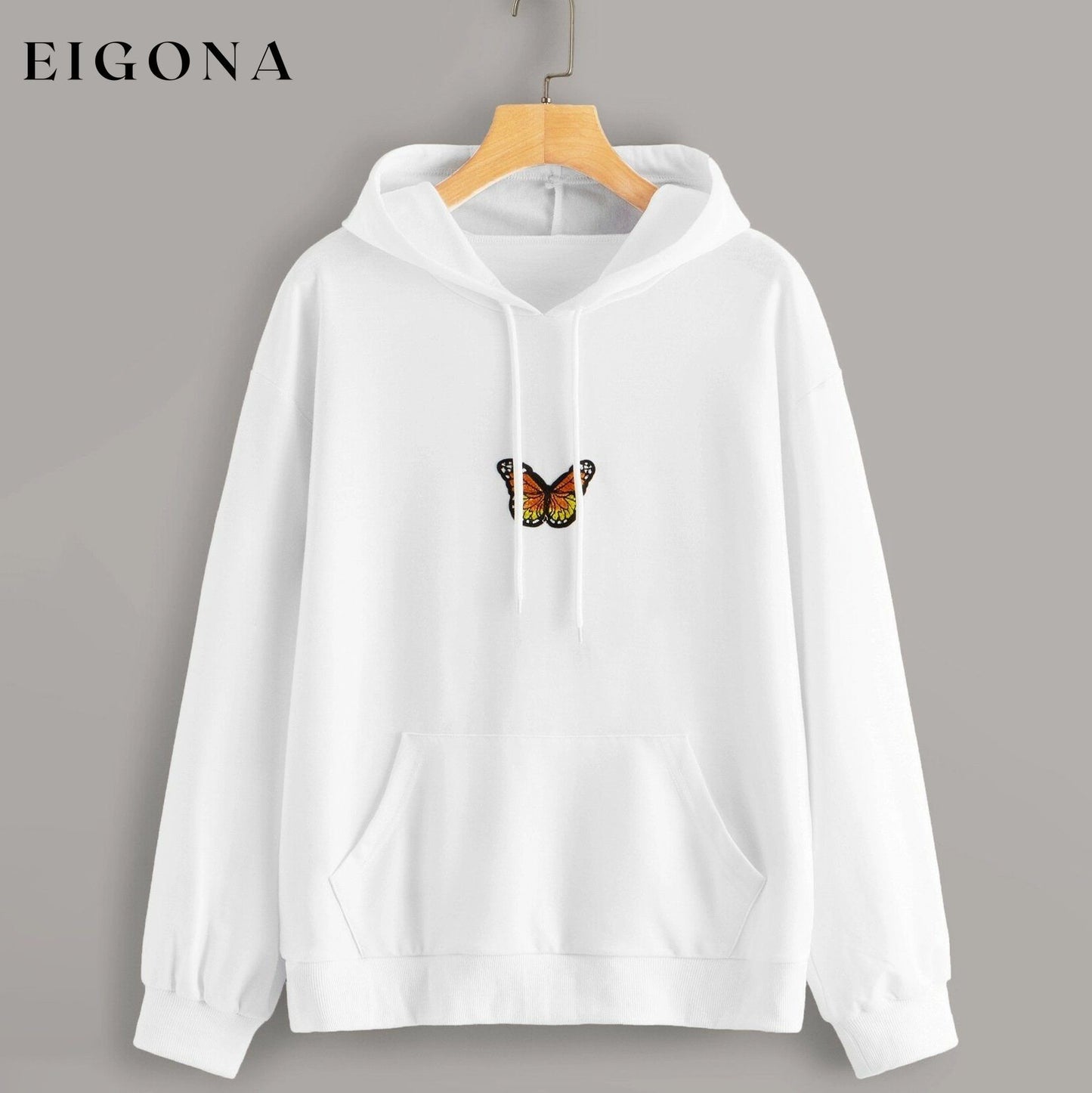 Butterfly Graphic Drawstring Hoodie White __stock:500 clothes refund_fee:1200 tops