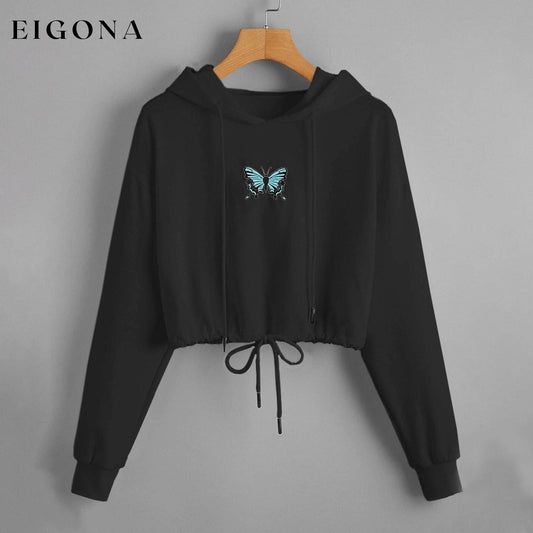 Butterfly Print Drawstring Hem Hoodie Black __stock:500 clothes refund_fee:800 tops
