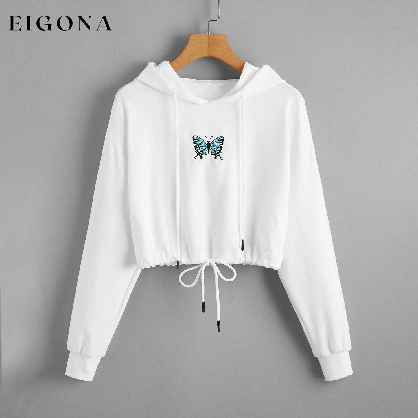 Butterfly Print Drawstring Hem Hoodie White __stock:500 clothes refund_fee:800 tops