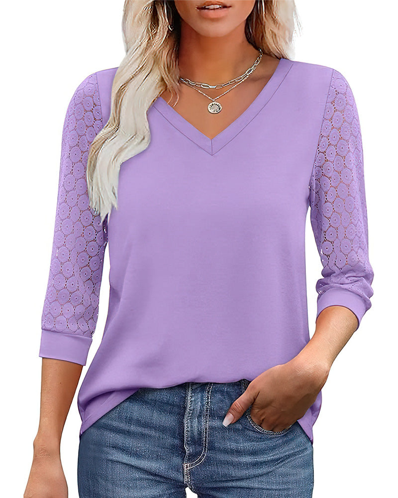 Hollow Three-Quarter Sleeve Solid Color Top