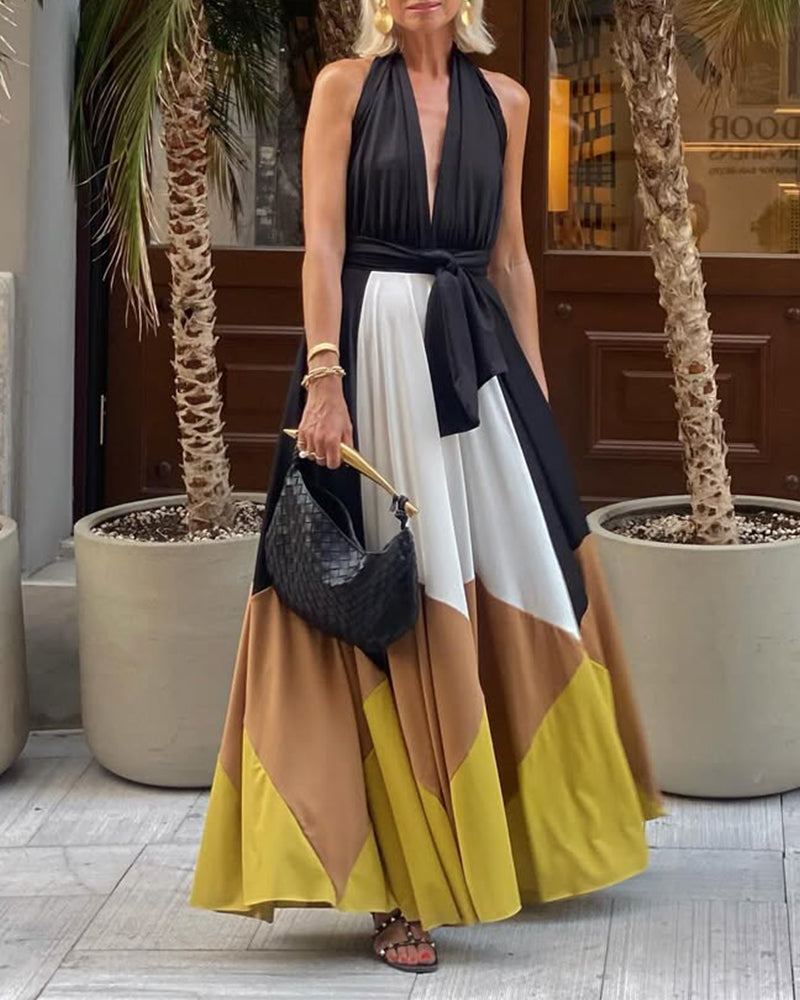 Abito lungo sexy con stampa a contrasto e scollo a V profondo