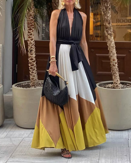 Abito lungo sexy con stampa a contrasto e scollo a V profondo