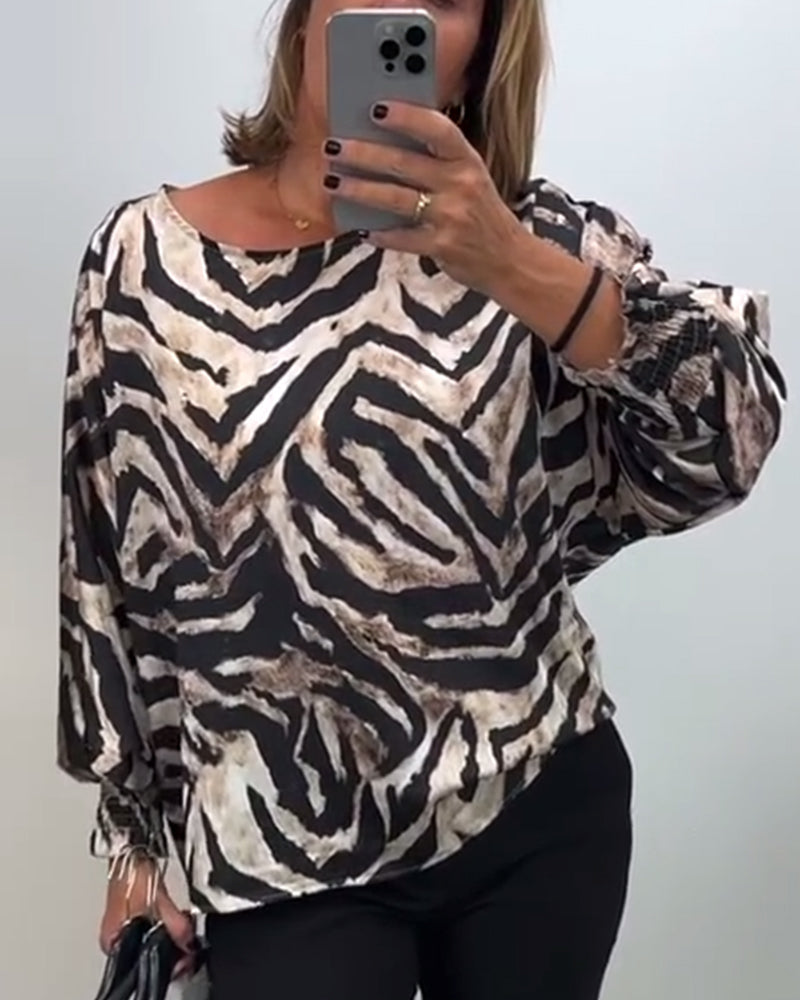 Casual zebra print round neck lantern sleeve blouse 2024 f/w blouses & shirts