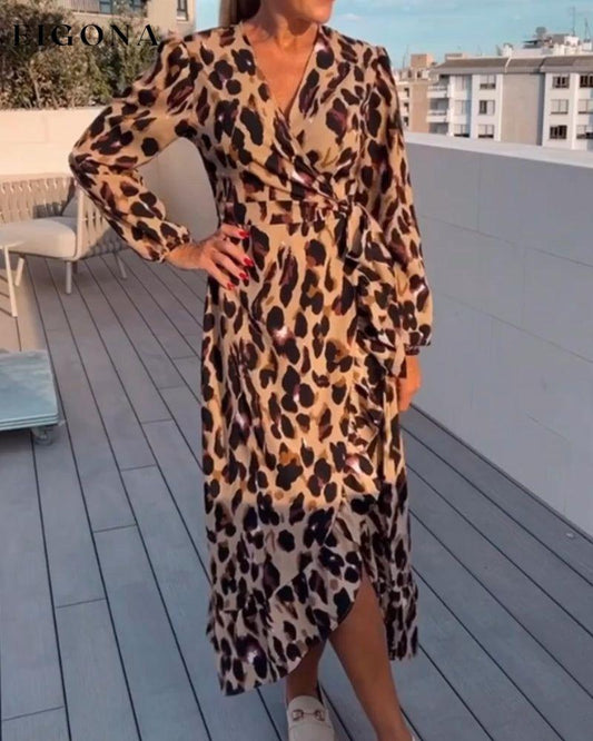 V Neck Leopard Printed Dress Brown 2023 F/W 23BF casual dresses Clothes Dresses Spring Vacation Dresses