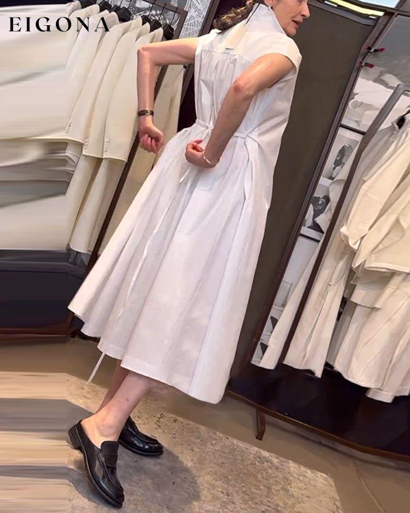 Lapel pocket tie solid color dress casual dresses summer