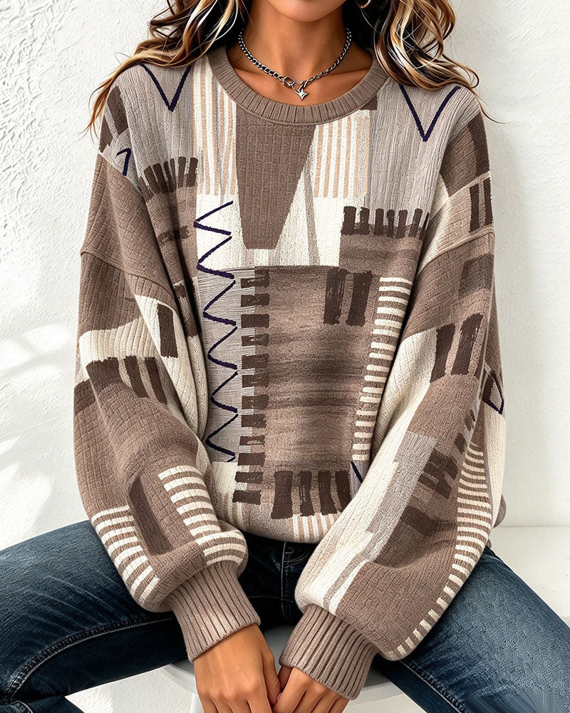 Crew Neck Checkered Color Block Sweatshirt