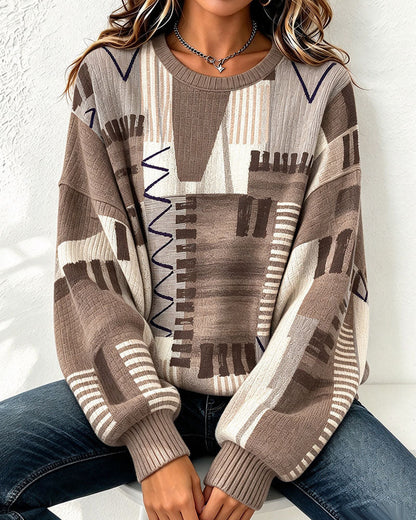Crew Neck Checkered Color Block Sweatshirt