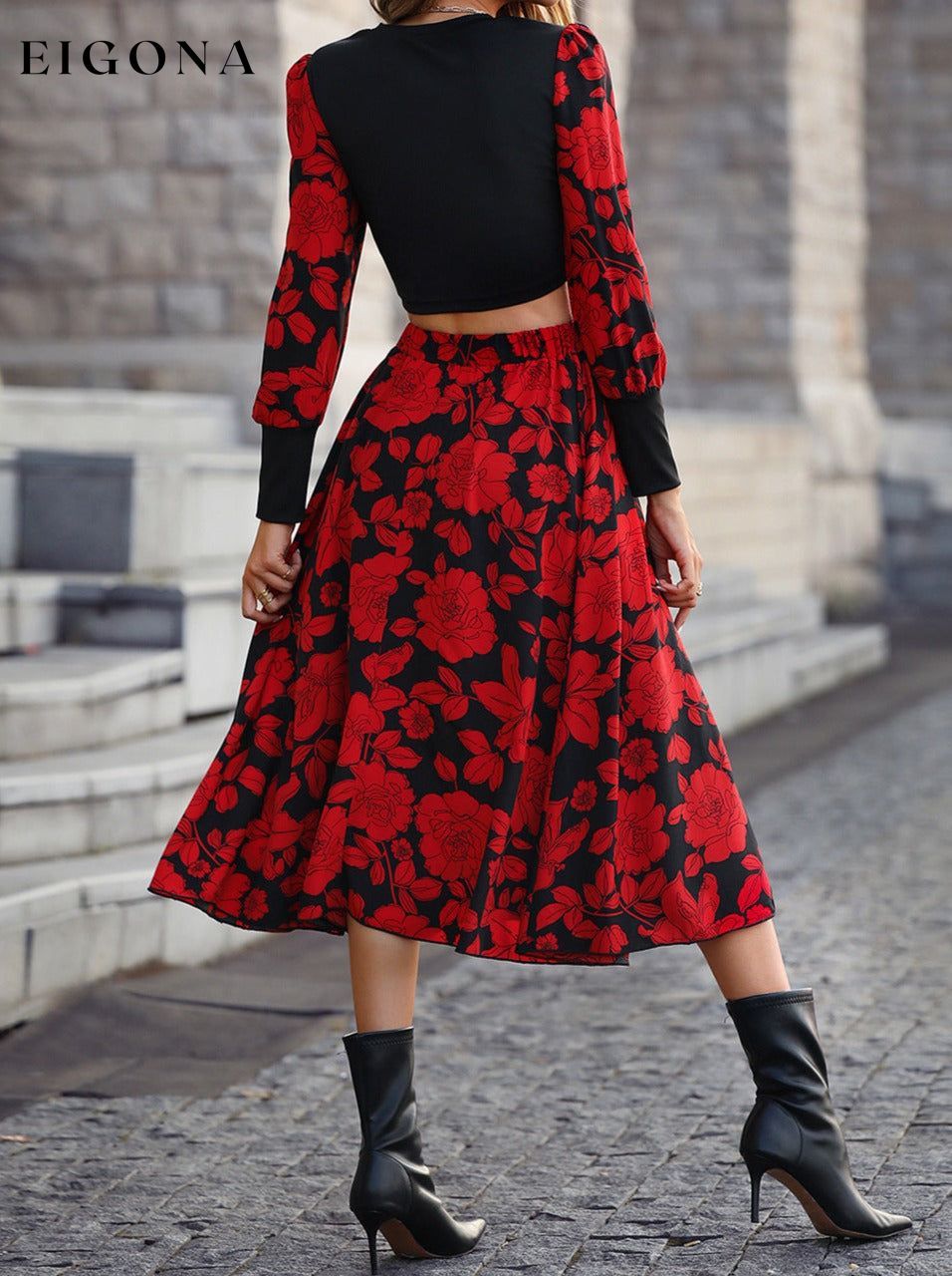 Round Neck Lantern Sleeve Floral Print Top and Skirt Set 2 pieces clothes Hanny set Ship From Overseas Shipping Delay 09/29/2023 - 10/04/2023 trend
