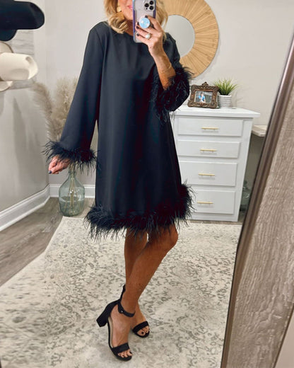 Fashion solid color long sleeve feather patchwork dress 202466 casual dresses spring summer