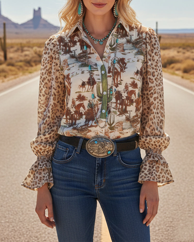 Lapel Vintage Print Puff Sleeve Shirt