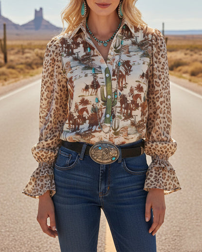 Lapel Vintage Print Puff Sleeve Shirt