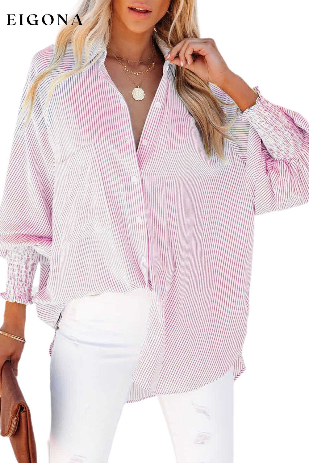 Pink Smocked Cuffed Striped Boyfriend Shirt with Pocket All In Stock button down womens clothes Color Pink Craft Smocked DL Exclusive Early Fall Collection long sleeve shirts long sleeve top Occasion Daily Print Stripe Season Spring Stripe tops Style Modern tops