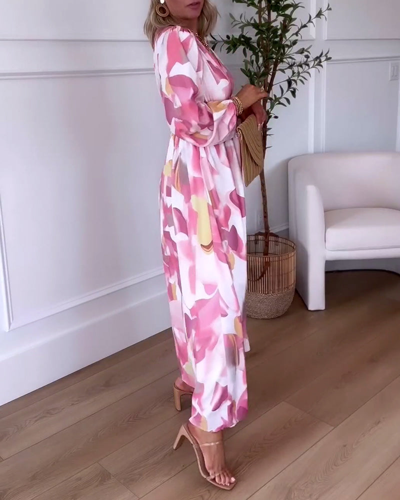 Long sleeve v neck elegant printed maxi dress