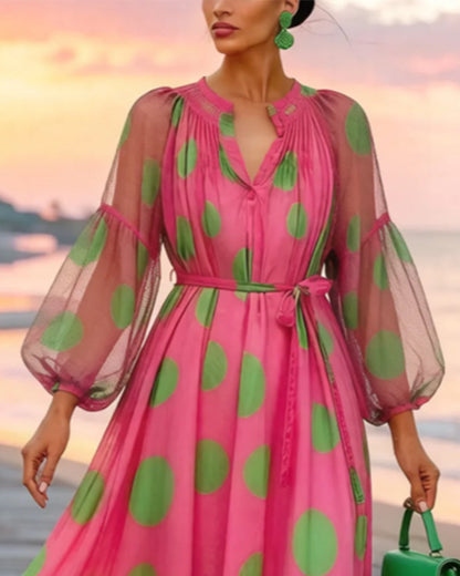 V-Neck Lantern Sleeves Big Polka Dot Dress