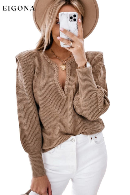 Brown Braided Notched V Neckline Puff Sleeve Knitted Long Sleeve Top, Sweater clothes EDM Monthly Recomend Hot picks long sleeve shirt long sleeve shirts long sleeve top Occasion Daily Print Solid Color Season Winter shirt shirts Style Elegant top tops