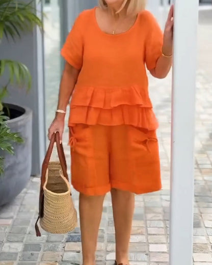 Ruffled Short Sleeve & Shorts Two-Piece Set