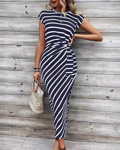 Fashion striped printed strappy raglan sleeve slim dress 202466 casual dresses summer