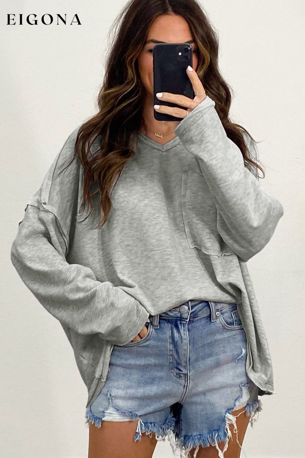 Gray Pocketed Oversized Drop Sleeve Top All In Stock clothes Craft Patchwork DL Exclusive Hot picks long sleeve shirts long sleeve top Occasion Daily Season Fall & Autumn Style Casual tops