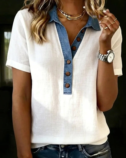 Button-Down Denim Color-Blocked Top