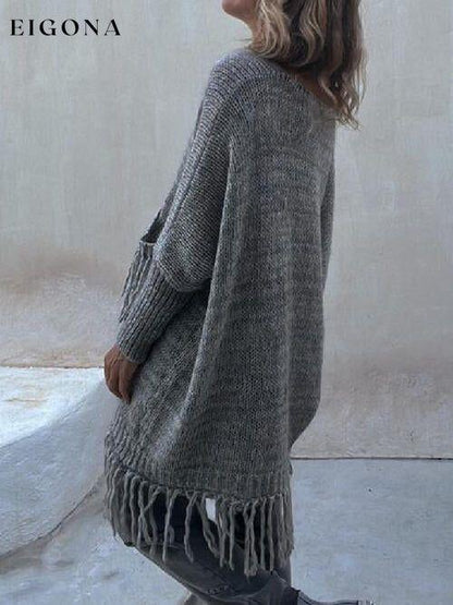 Fringe Detail Long Sleeve Sweater with Pockets A@Y@M clothes Ship From Overseas Sweater sweaters Sweatshirt