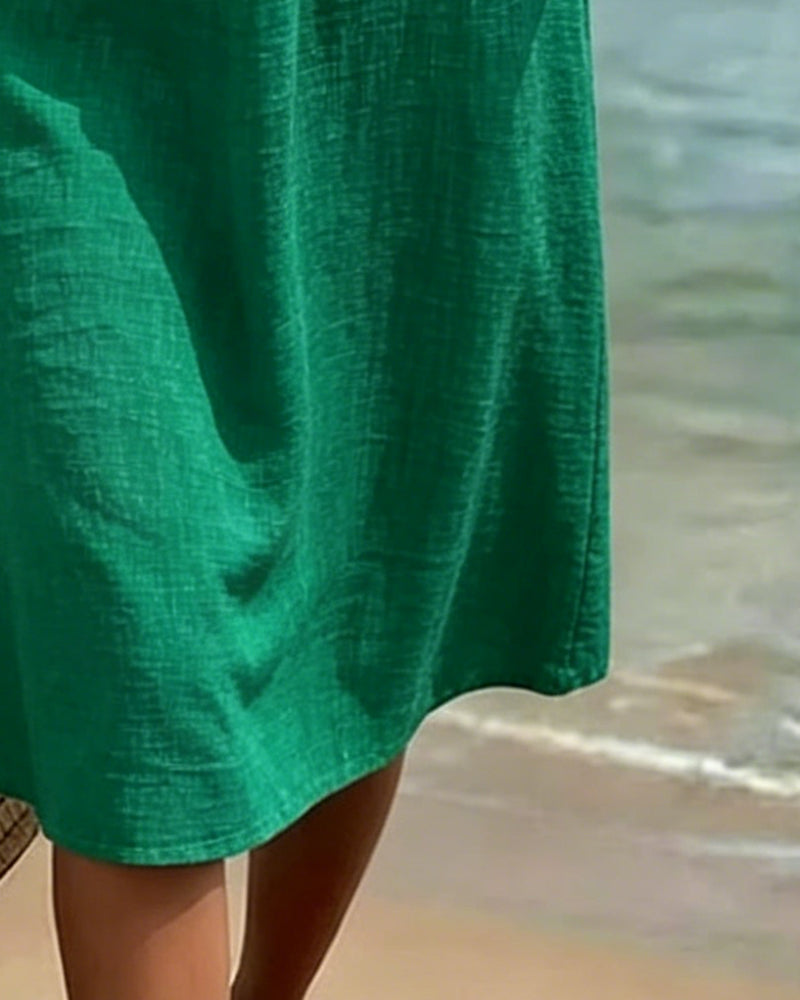 V-Neck Round Button Sleeveless Dress