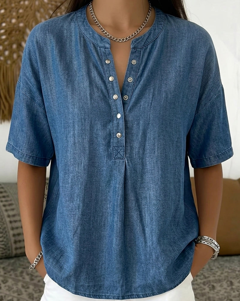 Denim Button-Down Short-Sleeved Shirt