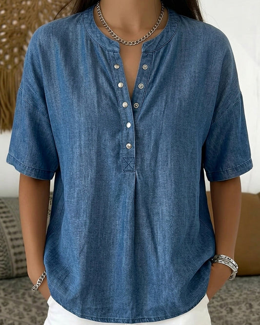 Denim Button-Down Short-Sleeved Shirt blouses & shirts spring summer