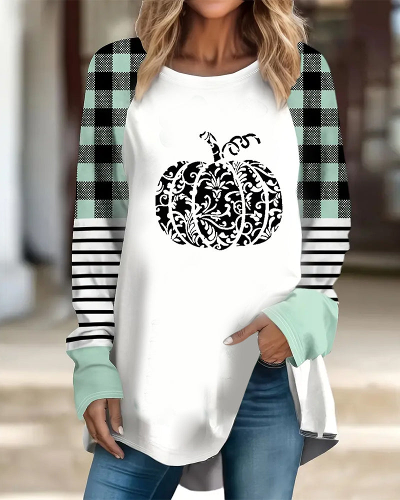 Casual colorblock pumpkin print long sleeve top 2024 f/w blouses & shirts halloween