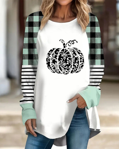 Casual colorblock pumpkin print long sleeve top 2024 f/w blouses & shirts halloween