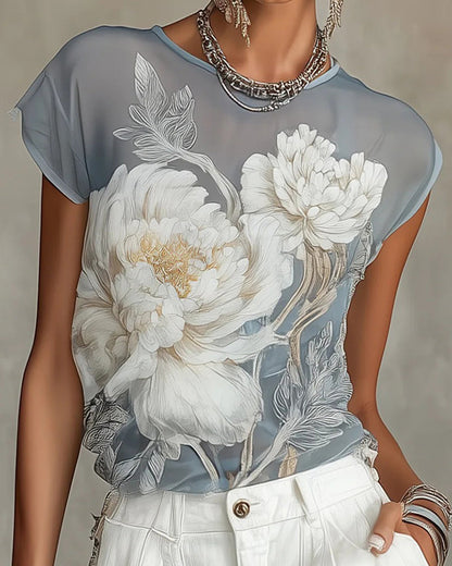 Peony Print Semi-Sheer Sleeveless Blouse