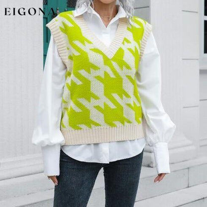 Houndstooth V-Neck Sweater Vest Lime B&S clothes Ship From Overseas