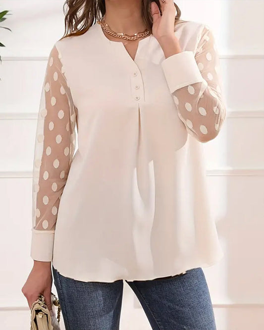 Elegant patchwork mesh polka dot print top blouses & shirts spring summer