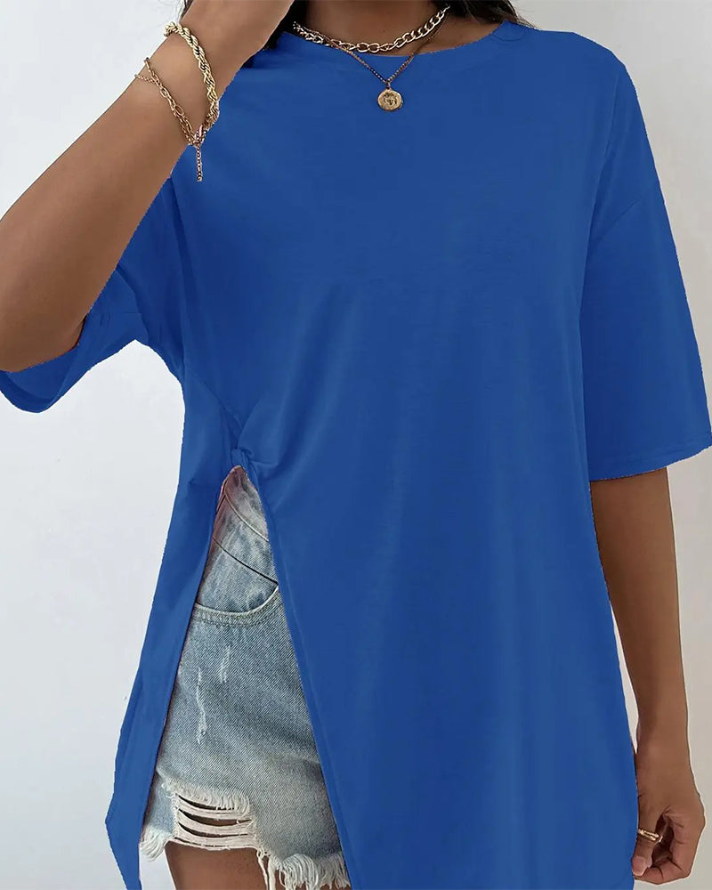 Round Neck Split Short Sleeve T-Shirt