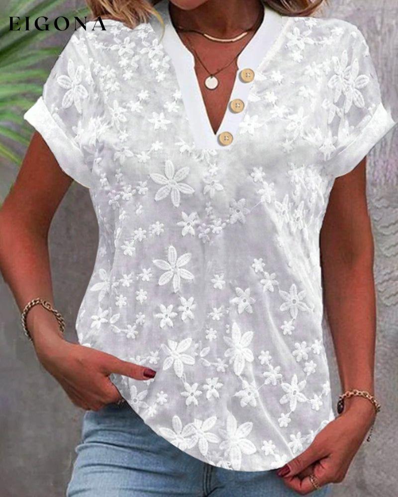 Loose V-neck Embroidered Top with Buttons blouses & shirts spring summer