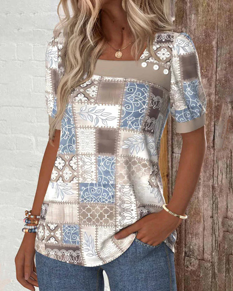 Off-Shoulder Puzzle Print Short-Sleeved T-Shirt