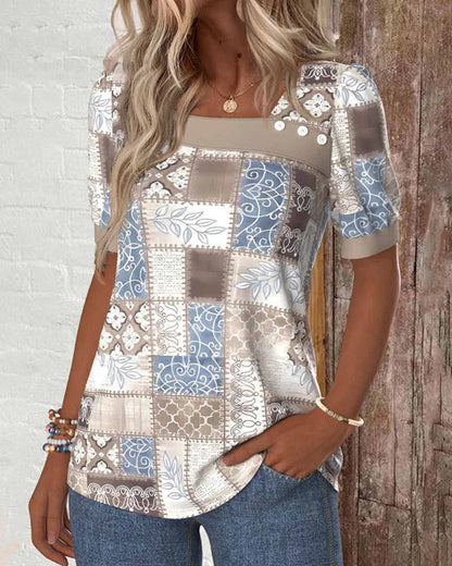 Off-Shoulder Puzzle Print Short-Sleeved T-Shirt