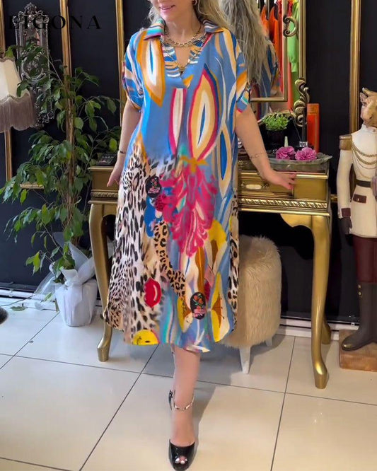 Colorful printed lapel short-sleeved dress casual dresses spring summer