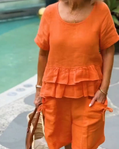 Ruffled Short Sleeve & Shorts Two-Piece Set