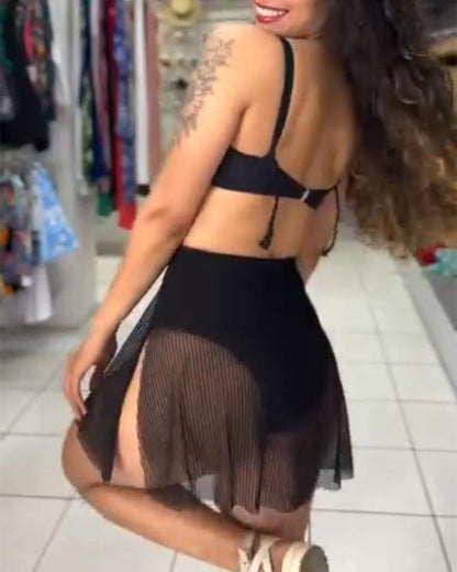 Bikini sexy a due pezzi in rete tinta unita