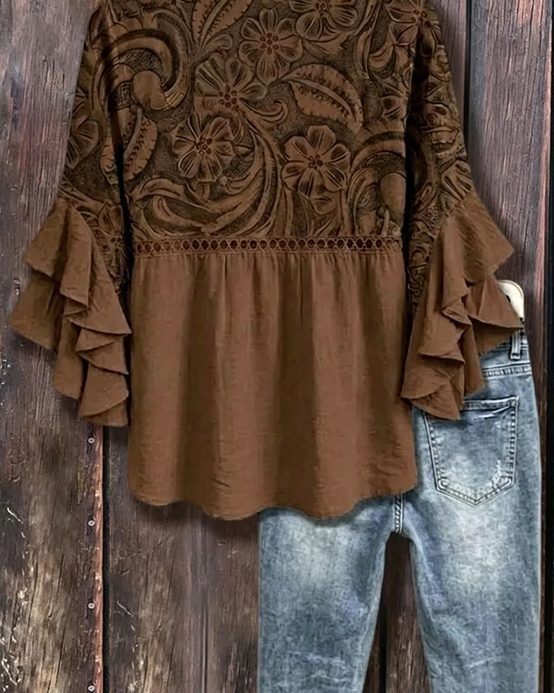 Vintage Floral Print Asymmetrical Ruffle Sleeve Blouse