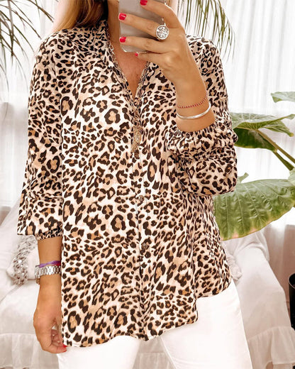 Long-Sleeved Fashionable Leopard Print Blouse