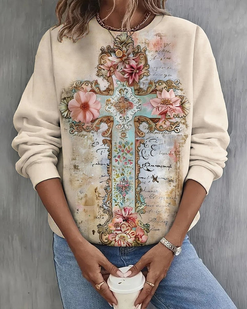 Women's floral cross print casual pullover sweatshirt