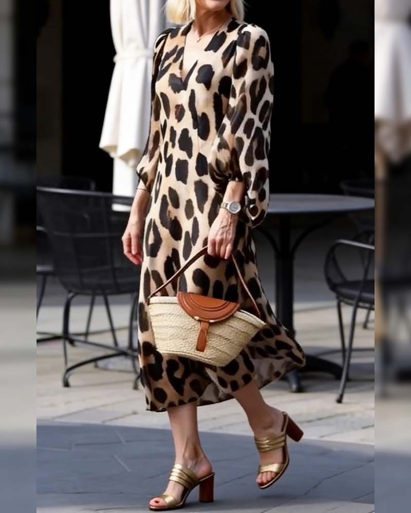 Lantern Sleeve V-Neck Leopard Print Dress