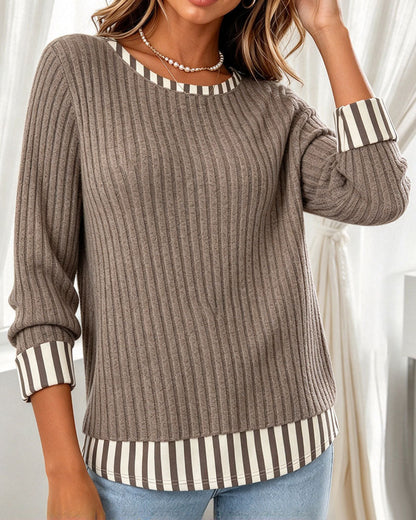Crew Neck Ribbed Striped Patchwork Top