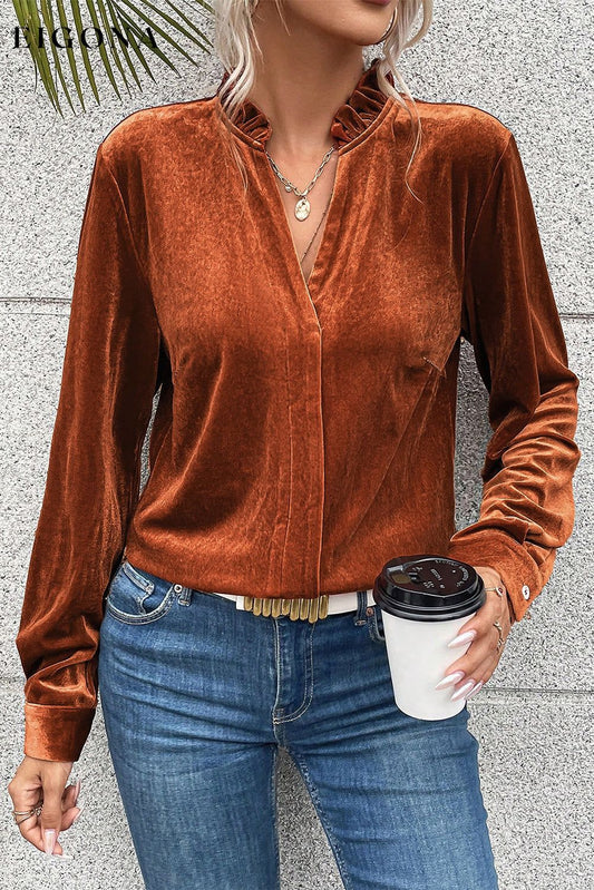 Gold Flame Frilled Collar Velvet Shirt Gold Flame 95%Polyester+5%Elastane All In Stock clothes Color Orange Fabric Velvet long sleeve shirt long sleeve shirts long sleeve top long sleeve tops Print Solid Color Season Winter shirt shirts Style Southern Belle top tops Tops/Blouses
