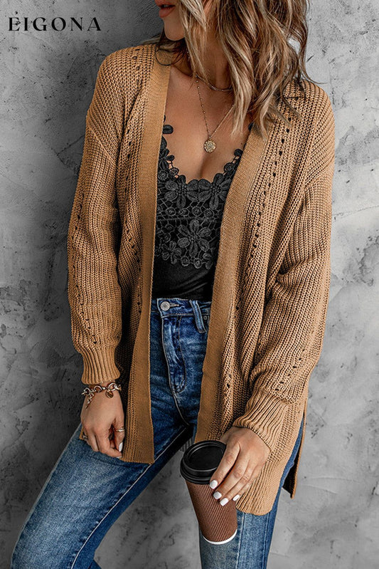 Woven Right Openwork Rib-Knit Slit Cardigan Tan cardigan clothes long sleeve Ship From Overseas Woven Right