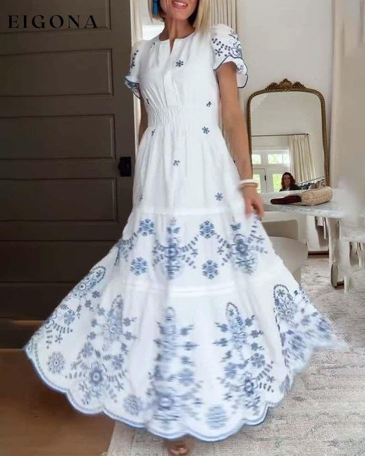 Elegant floral print puff sleeve A-line long dress casual dresses spring summer