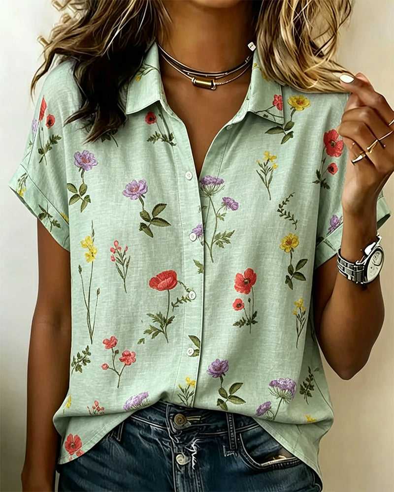 Turn-Down Collar Flower Print Short Sleeve Shirt