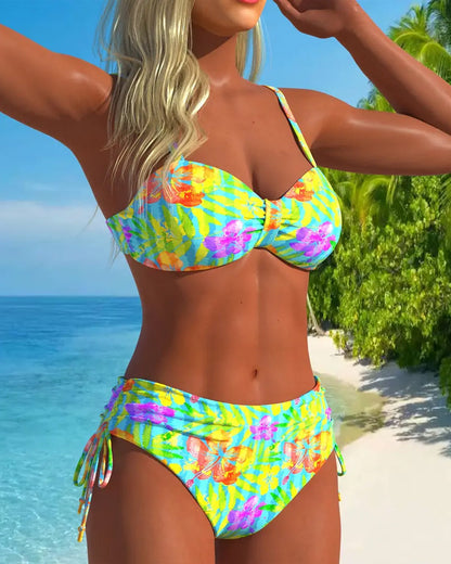 Printed Tie-Back Mid-Waist Swimsuit